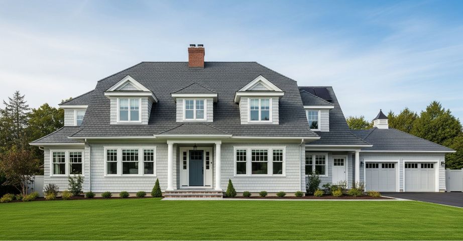 The clean roofline and soffit of a modern two-story family home. The clean roofline and soffit of a modern two-story family home.
