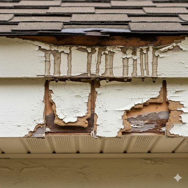 Damaged soffit with peeling paint and detachment, water stains visible along the eaves