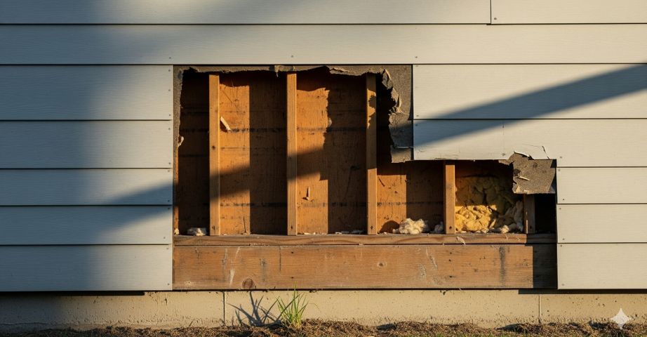 A suburban home with visible missing siding panels