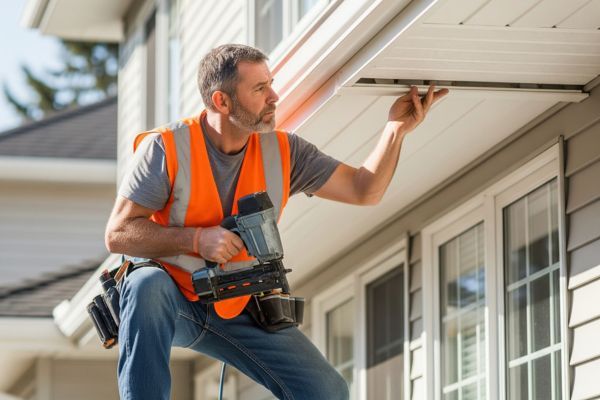 A roofer on a ladder expertly installing a section of white vinyl soffit to the eaves of a house.