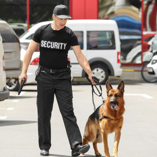 armed security guard holding trained dog on leash