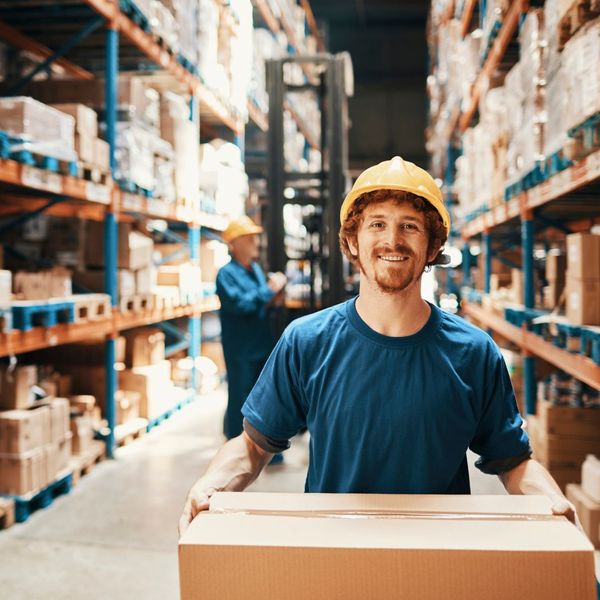 a warehouse worker in safety gear carrying a box in a warehosue