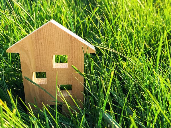 Small, wooden house figure situated in a patch of green grass.