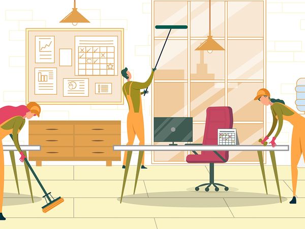 Animated image of a group of people cleaning an office space. 