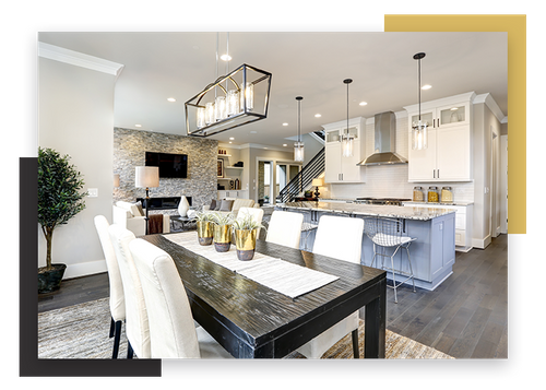 close up of dining room table and kitchen with square pendant light 