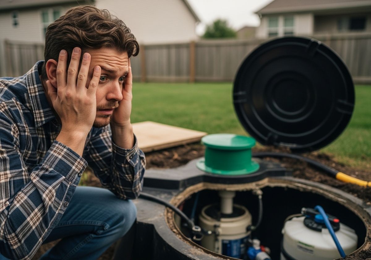 Frustrated man looking at septic tank