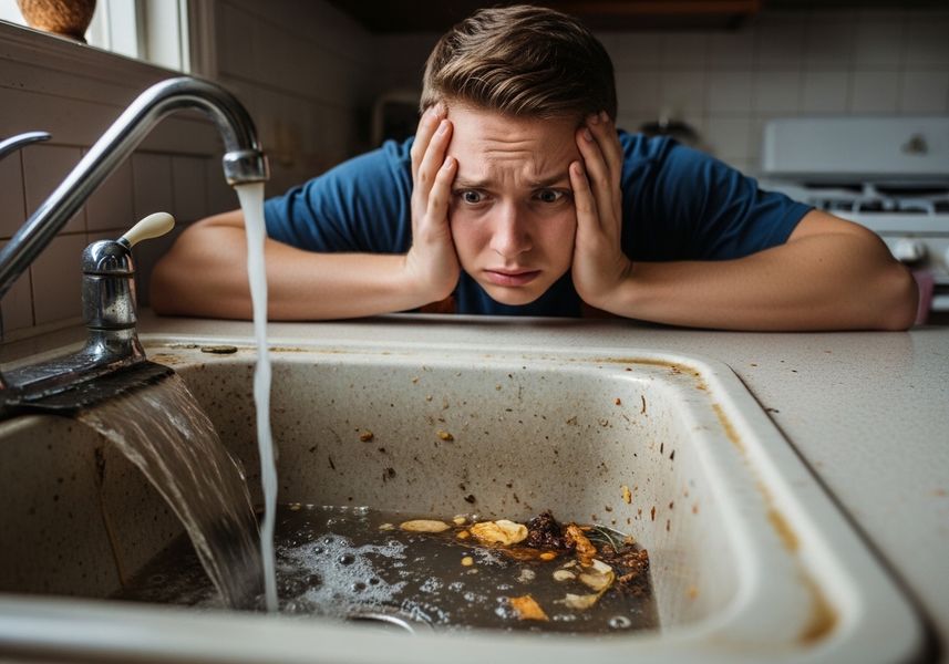 Frustrated Man with Clogged Sink