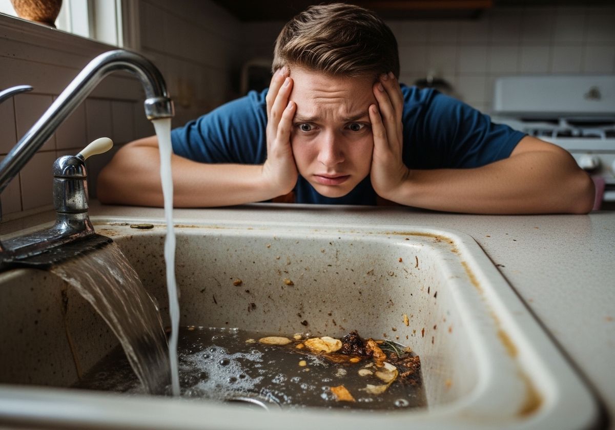 Frustrated Man with Clogged Sink
