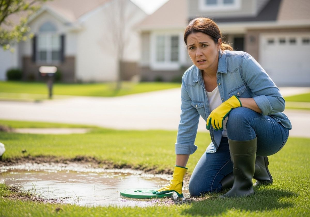 Woman Kneeling by Puddle in Yard with Worried Expression