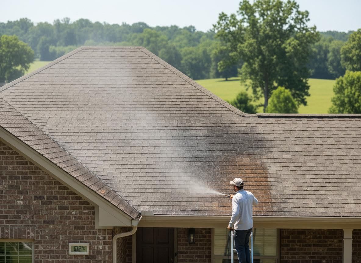 Man Pressure Washing Residential Roof