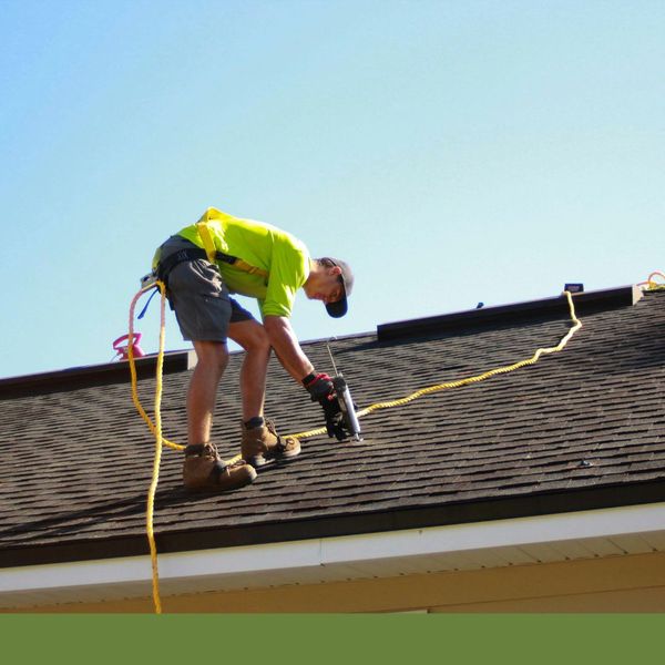 Roofer wearing a safety harness, installing shingles on a residential roof. Roofer wearing a safety harness, installing shingles on a residential roof.