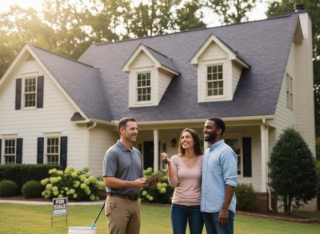 A smiling diverse couple holds new house keys, looking at their real estate agent in front of a cream-colored house. Happy Couple Receives Keys to New Home from Real Estate Agent