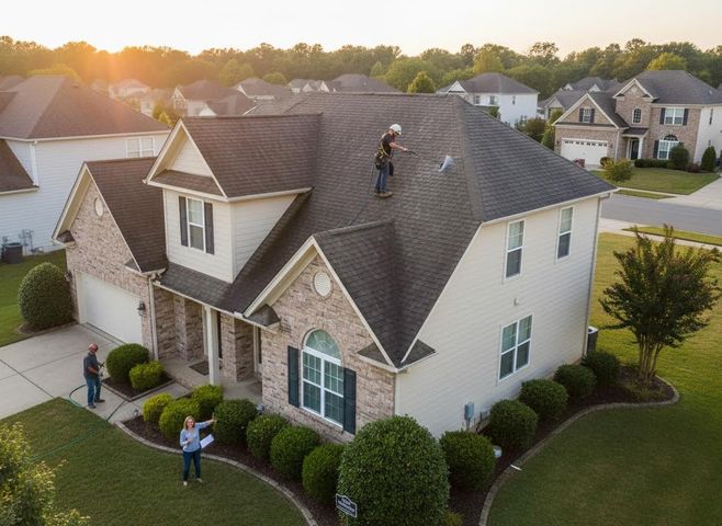 Aerial view of a worker pressure washing the shingled roof of a two-story house. Two people are on the ground, overseeing the work at sunset. Professional Roof Cleaning Service on a Suburban Home