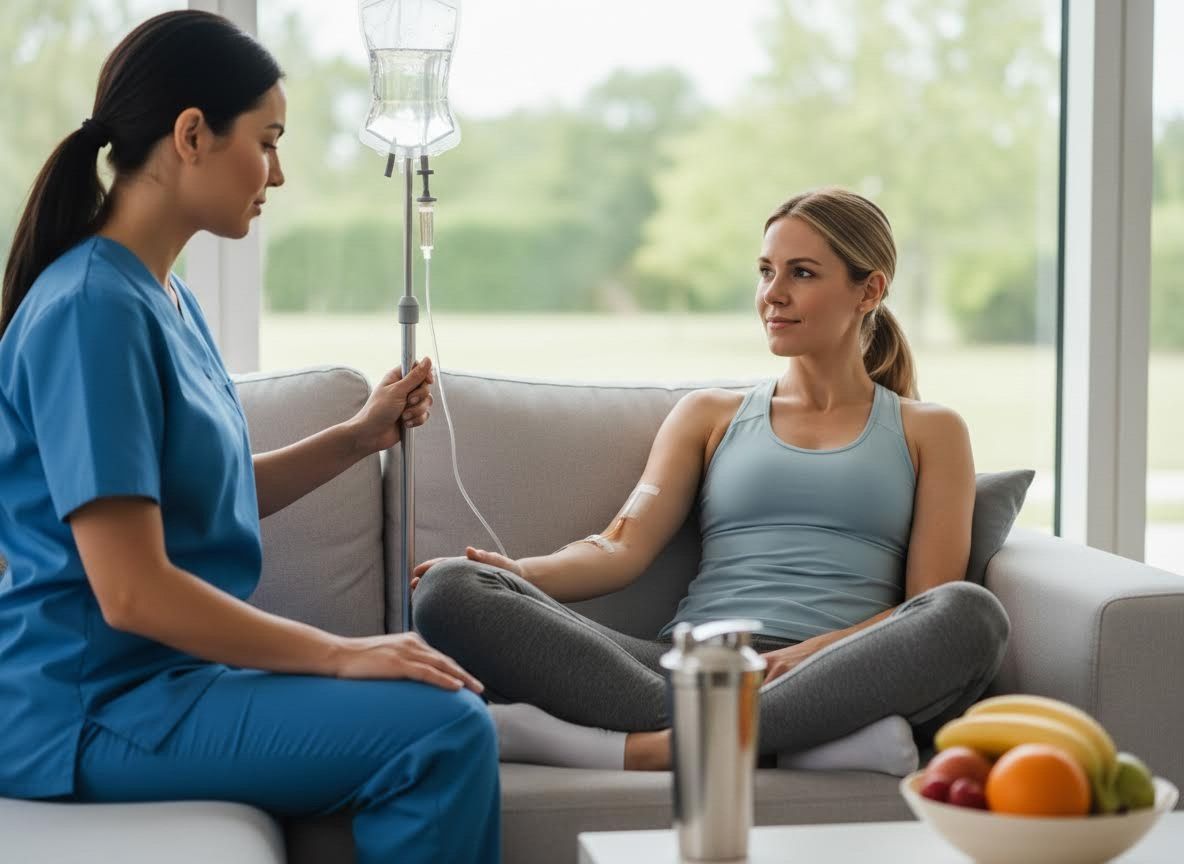 Nurse administering IV drip to a patient in a home setting