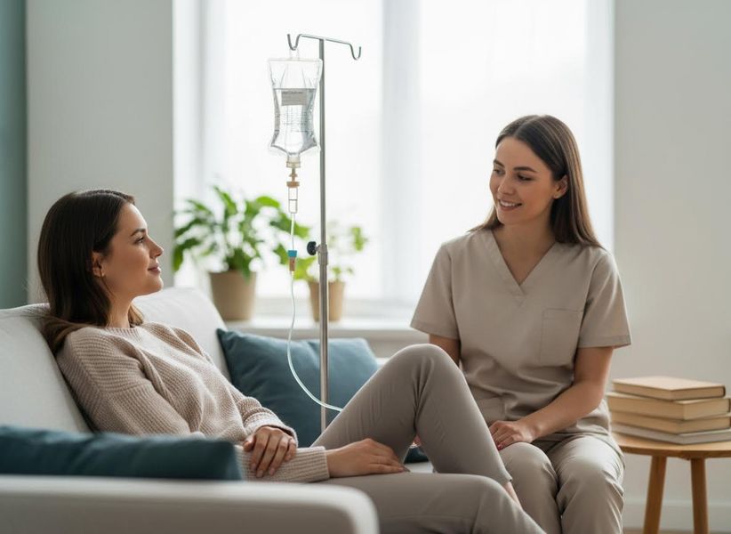 A smiling woman on a sofa receives an IV infusion from a bag on a stand, while a nurse in scrubs sits and talks to her in a bright living room. Woman receiving home IV infusion with a nurse