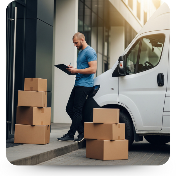 A courier driver with a clipboard standing beside a delivery van