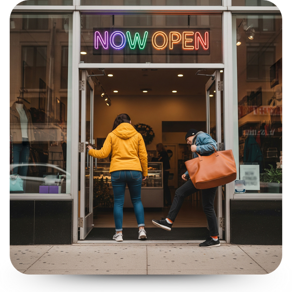 2 people entering a storefront