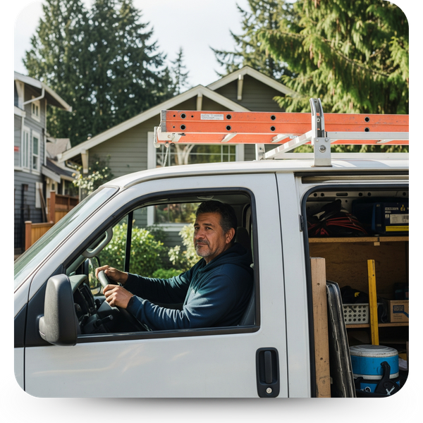 A contractor driving a work van (unbranded), parked near a residential job site with tools