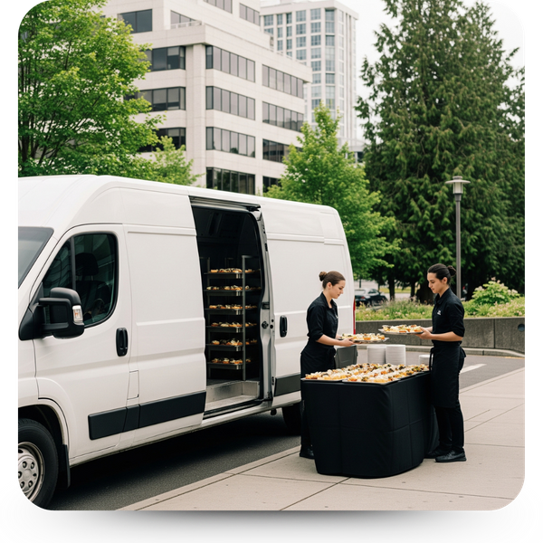 A catering van with food service unloading trays at an event venue