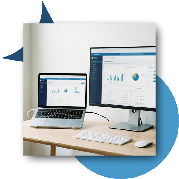 Desk set-up with an extended display between a monitor and laptop