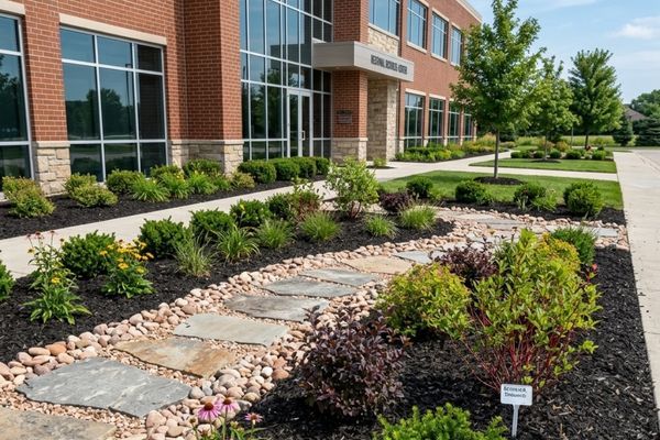 Newly installed commercial landscape design with fresh mulch and shrubs.