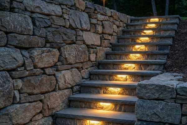 Stone steps integrated into a natural stone retaining wall, illuminated by low-voltage hardscape lighting at dusk.