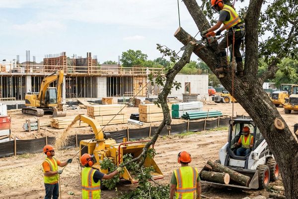 Crew removing a tree near a construction project