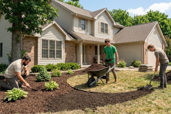 landscaping crew installing mulch and shaping garden beds