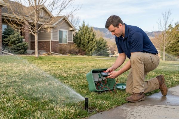 a suburban lawn in early spring with a technician kneeling beside an open sprinkler control box