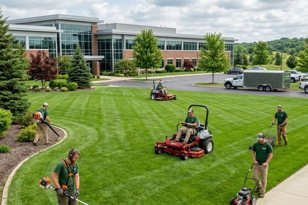 Landscaping crew performing commercial grounds maintenance on a large lawn.