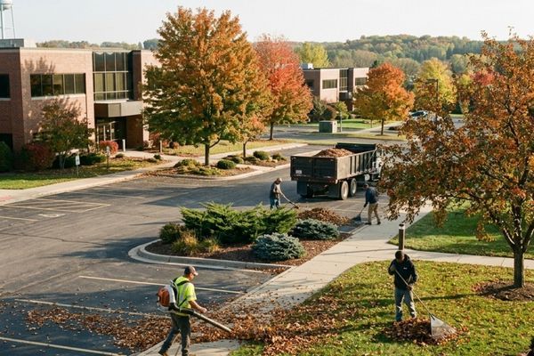 Landscaping crew performing commercial fall cleanup by removing leaves