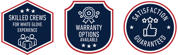 Three service badges: 1. Skilled Crews for White Glove Experience, 2. Warranty Options Available, 3. Satisfaction Guaranteed with a thumbs up icon.