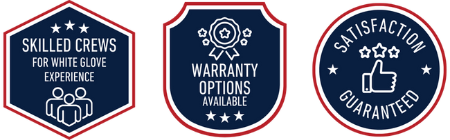 Three service badges: 1. Skilled Crews for White Glove Experience, 2. Warranty Options Available, 3. Satisfaction Guaranteed with a thumbs up icon.