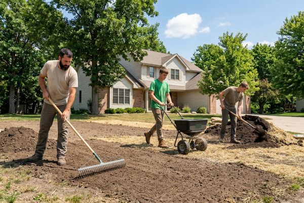 lawn care professionals laying seed and leveling soil