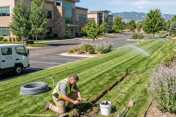 a technician setting up sprinkler irrigation on green office complex lawns