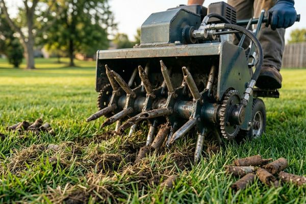 a lawn aeration machine pulling soil plugs from a green yard