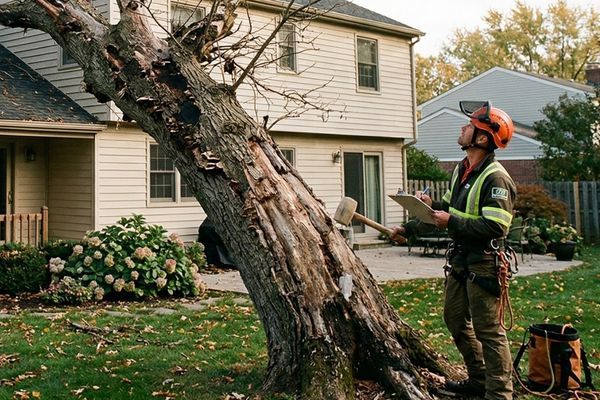 Man inspecting an old, leaning tree