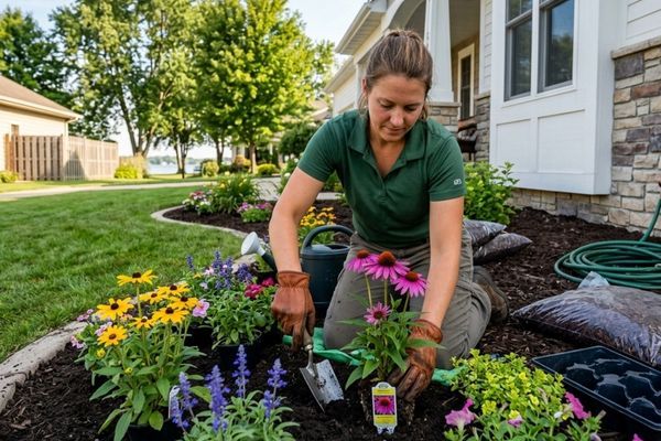 Landscaper performing residential flowerbed installation with bright blooms.