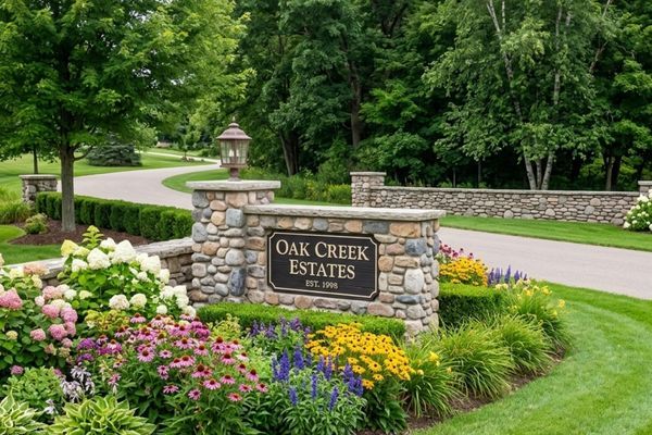 Beautiful HOA landscaping and entrance with colorful flower beds.