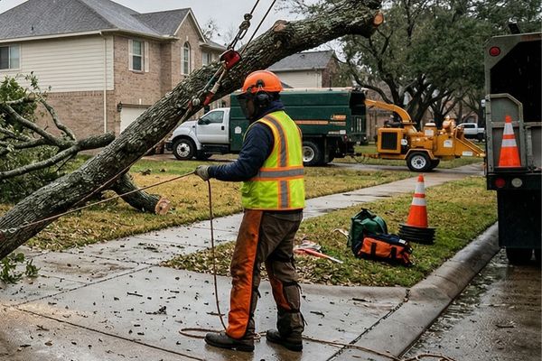 a storm-damaged suburban property with a fallen tree branch across a driveway