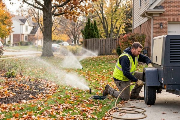 a landscaping technician performing sprinkler blowout with air compressor