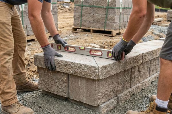 Professional landscaping team using a level to install heavy concrete blocks for a retaining wall base.