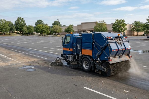 a parking lot sweeping truck cleaning a large lot