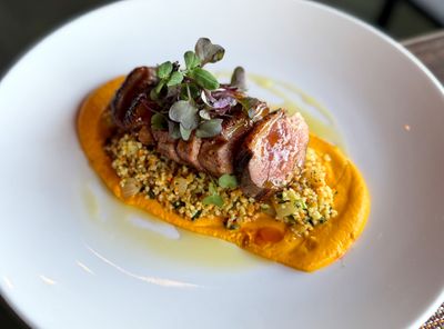 Duck - moroccon cous cous - curry - roasted pear - orange glaze.jpg