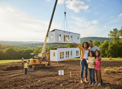 Family watching modular home construction