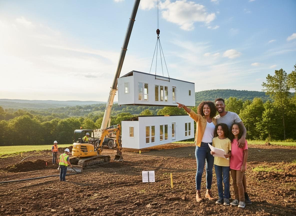 Family watching modular home construction