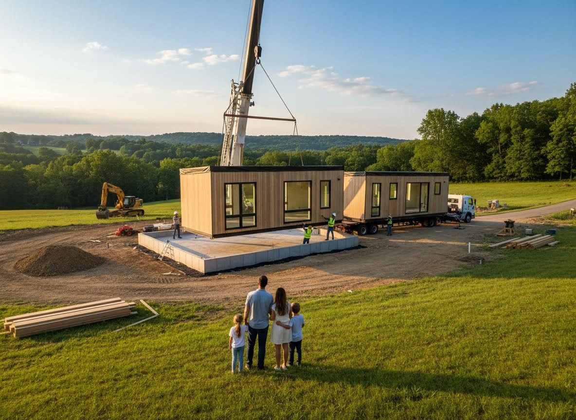 Family watches modular home installation