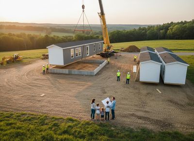 A family watches as a crane lifts a modular home section onto its foundation at a construction site, with workers present and sunset in the background. Family Observing Modular Home Installation