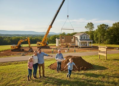 Family watching their new home being built