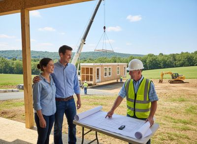 Couple and Contractor at Modular Home Construction Site